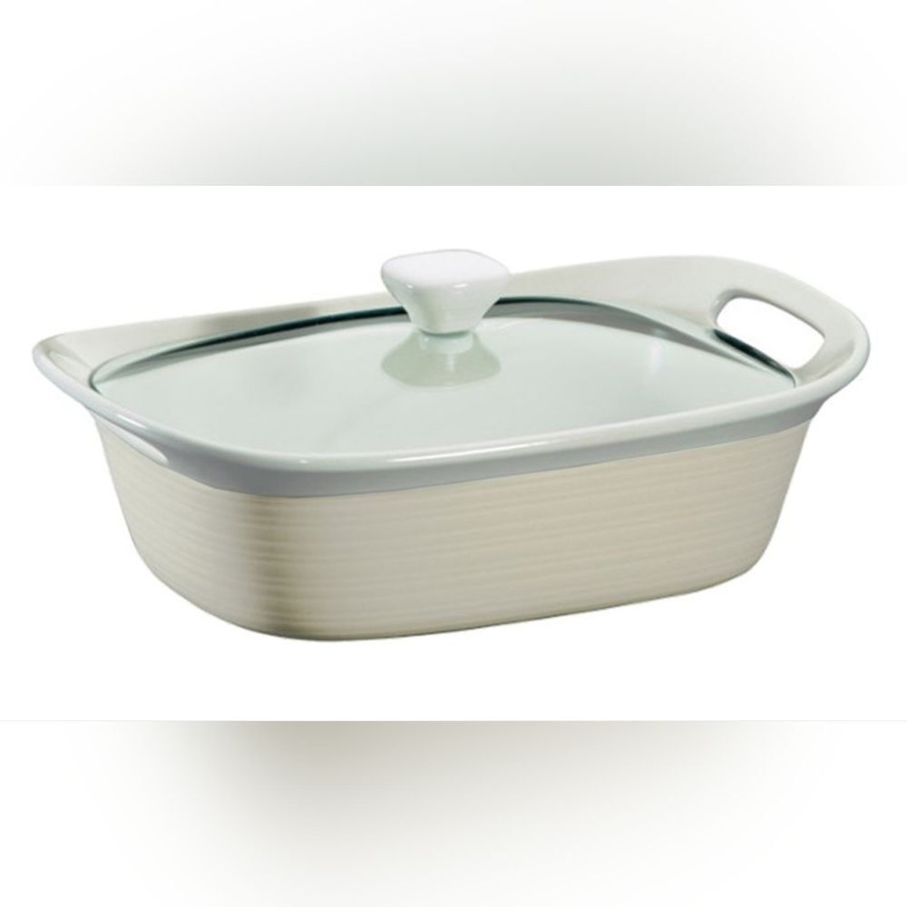 🔹️Corningware Etch Taupe 2.5-Quart Oblong Stoneware Baking Dish w/Glass Lid